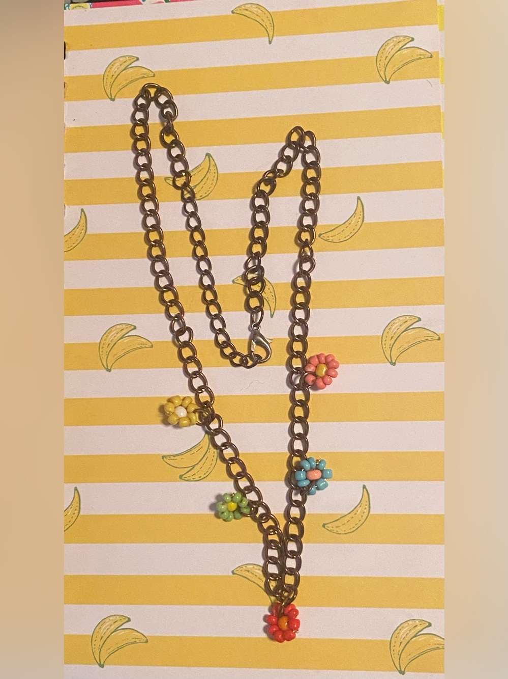 Chain Necklace with Colorful Beaded Flowers
